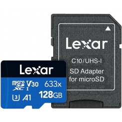 کارت حافظه microSDXC لکسار V30 A1 کلاس 10 استاندارد UHS-I U3 سرعت 100MBps ظرفیت 128 گیگابایت به همراه آداپتور SD
