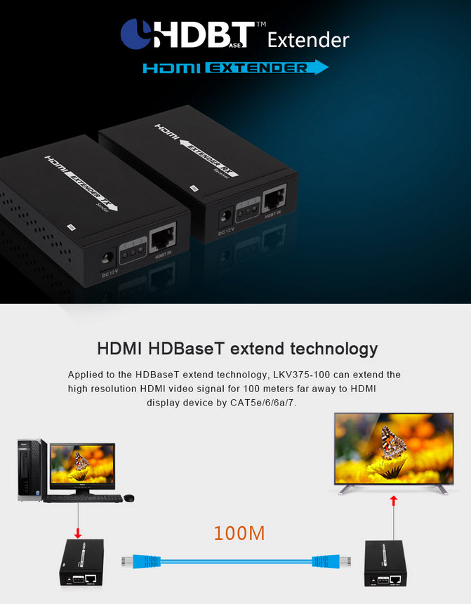 اکستندر HDMI برروی تک کابل CAT5e/6 لنکنگ مدل Lenkeng LKV375-100 برد 100 متر